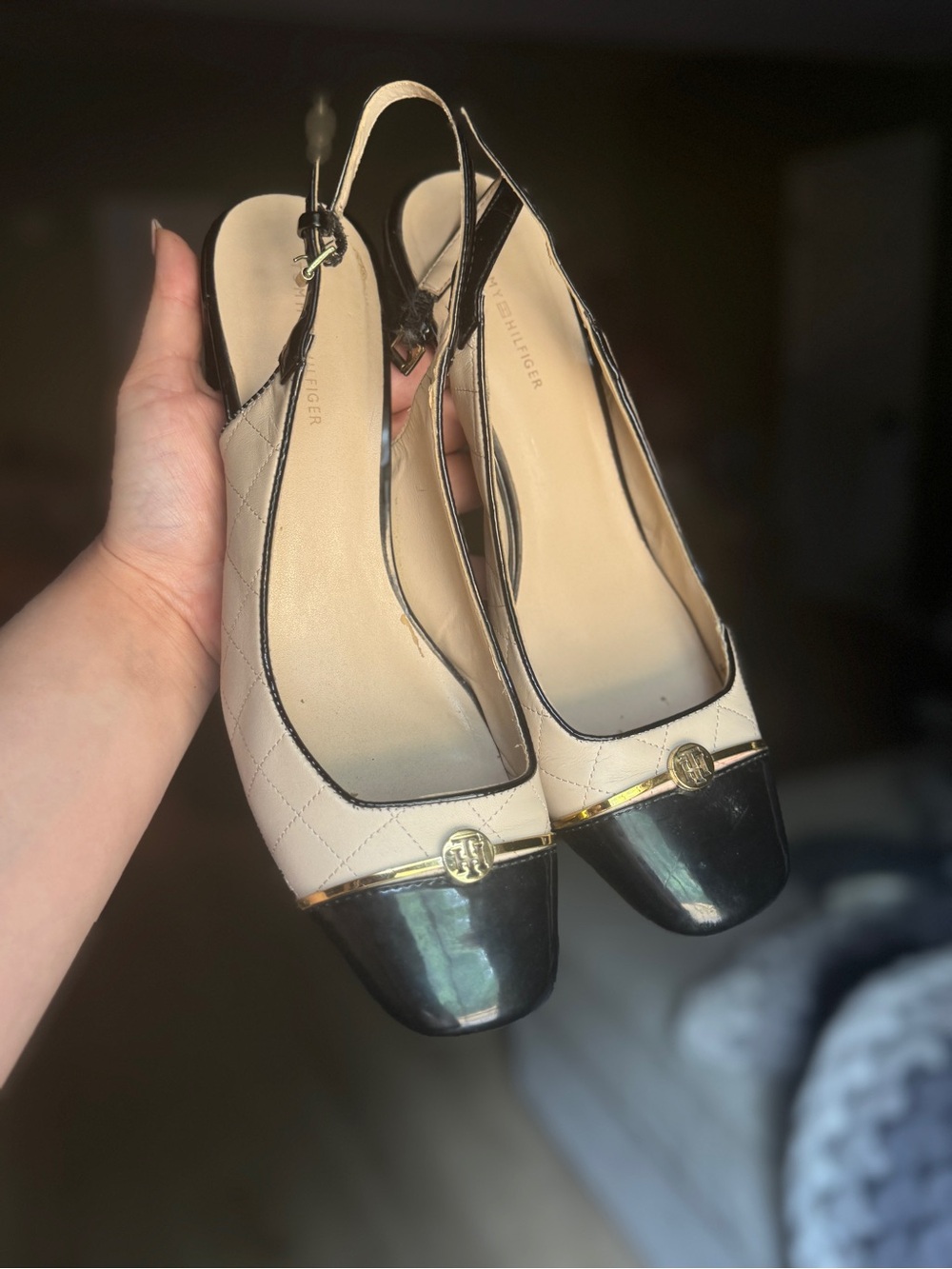Tommy Hilfiger Cream and Black Quilted Slingback Pumps